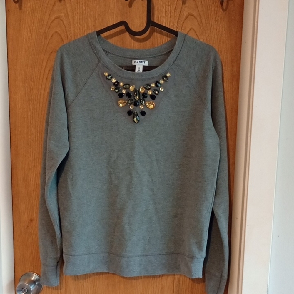 Old Navy Gray Sweatshirt with Beaded Necklace Detail